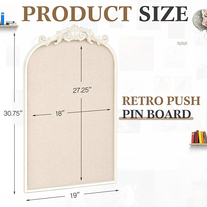 Vintage Framed Pin Board Linen Display Bulletin Board Large Ornate Fabric Picture Photo Pinboard Memo Decorative Prayer Pinboard Ornate for Wall Gift(Arch,19" X 31",Vintage White)