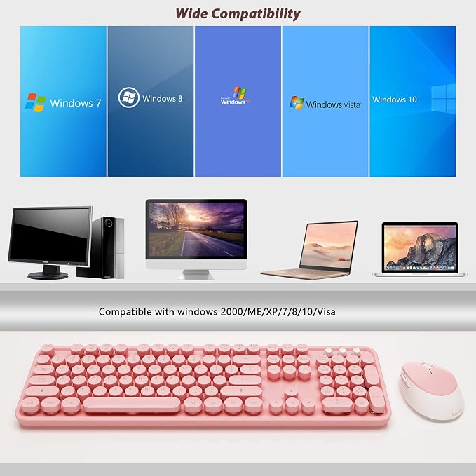 Wireless Keyboard Mouse, Cute 104 Keys Typewriter Pink White | Full Size With Number Pad & Mouse,Compatible With All Windows,Ideal For Windows,1600DPI,Computer, PC, Notebook, Laptop
