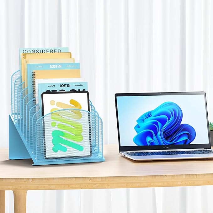 Sinboun Inclined Desk File Organizer Folder Holder with 8-Section, Blue
