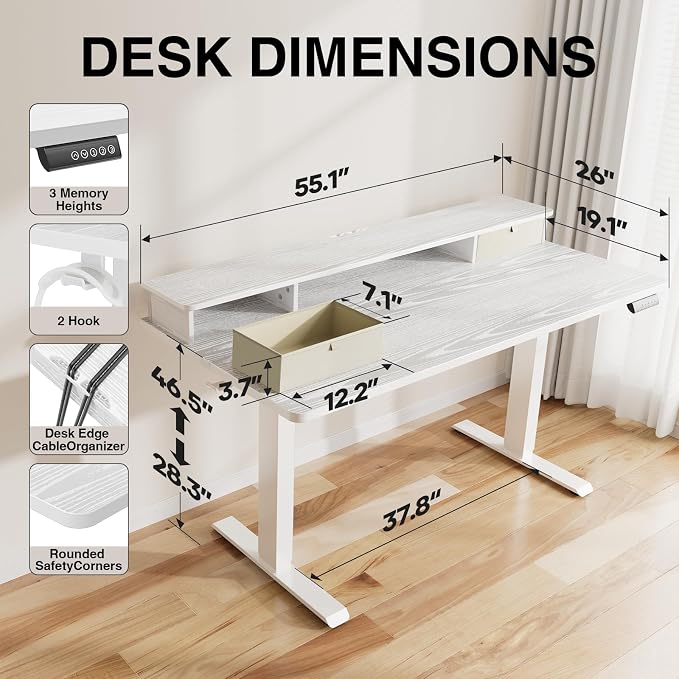 Veken 55x26 in Electric Standing Desk with Drawers, Adjustable Table, White | Stand up Computer Desk for Home Office, Work & Study, with Storage, 3 Memory Presets, Cable Organizer, Hook, and Quiet Lift.