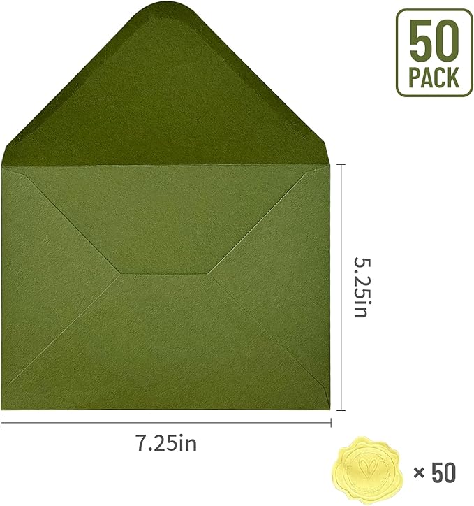 YINUOYOUJIA 50 PCS Olive Green Specialty Paper Envelopes A7, 5 x 7 Envelopes for Invitation, Great for Wedding Invitation Cards, Photos,Perfect for Birthday, Baby Shower, Graduation, Christmas