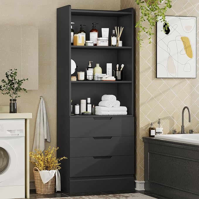DICTAC Bookcase with 3 Drawers and Shelves 73.23'' Tall Bookshelf with Storage Modern Wood Closet Drawers System,Closet Organizer Unit Freestanding Tall Storage Cabinet for Home Office,Bathroom,Black