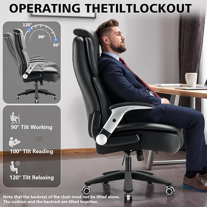 600lbs Big and Tall Office Chair for Heavy People,Heavy Duty Comfy Executive Office Desk Chair with Adjustable Lumbar Support,High Back Reclining PU Leather Computer Chair,Metal Base (Classic, Black1)