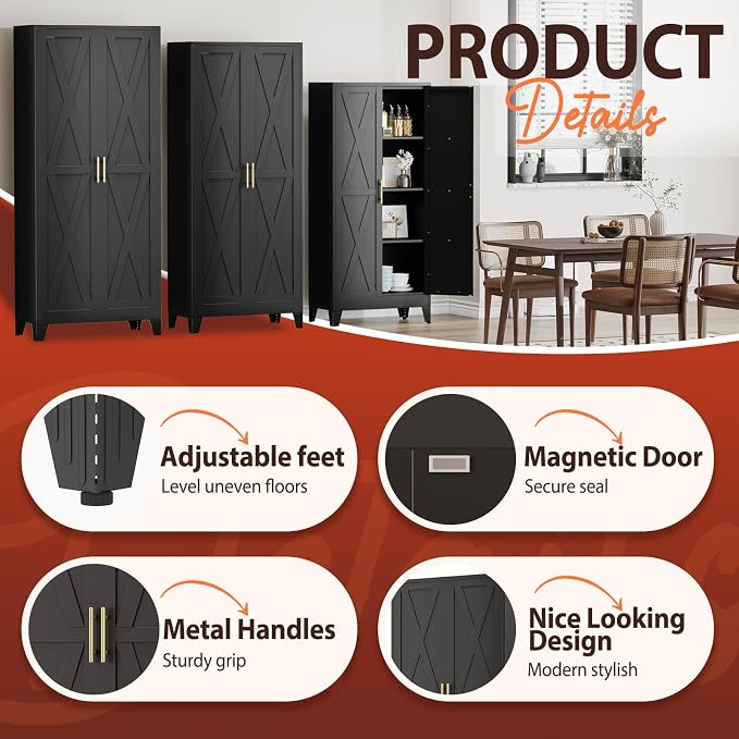 PAOFIN 75" H Tall Kitchen Storage Cabinet with Doors | Freestanding Pantry Cabinet,Farmhouse Food Storage Cabinets,Tall Cabinets for Kitchen, Dining Room, Living Room(Black)