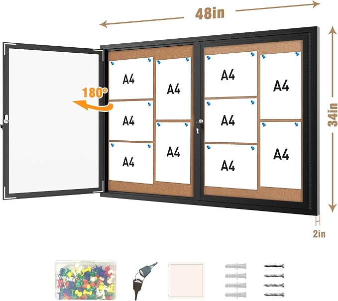 Mifuro 48"x34" Enclosed Bulletin Board, Outdoor Lockable Weather-Resistant Aluminum Cork Noticeboard for School & Office, Silver Frame w/Cork