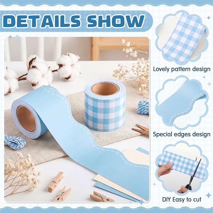2 Rolls 65.6ft Dusty Blue Gingham Bulletin Board Borders Decoration Blue Checkered and Straight Edge Bulletin Borders Board Trim for Office School Classroom Chalkboard Party Decoration