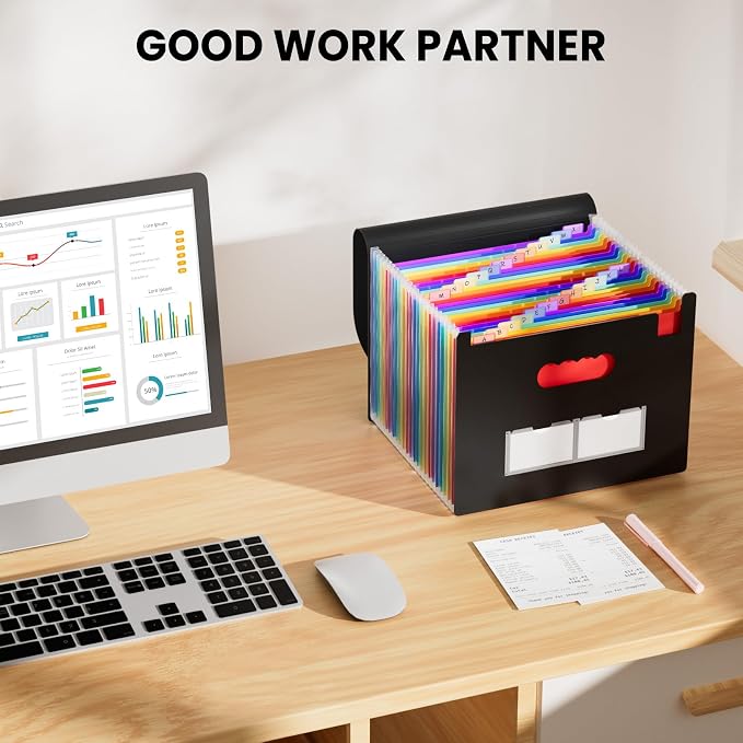 Sooez 24 Pockets Expanding File Folder, Accordion File Organizer, Letter/A4 | Expandable Cover, Desktop Accordion Folders Letter A4 Paper Document Storage Organizer, Black