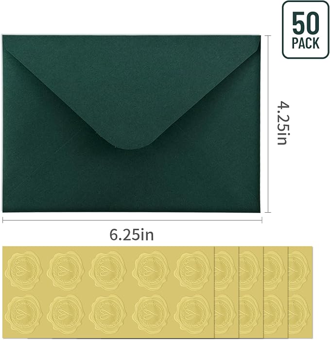 50 PCS Dark Green Colorful A4 Envelopes,4x6 Envelopes for Invitations | 4x6 Envelopes for Greeting Cards, Great for Invitations, Wedding Invitation, Birthday, Baby Shower, Graduation