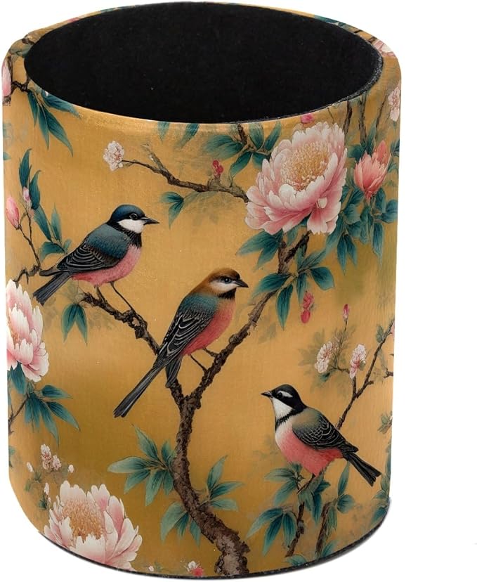 Leather Pen Holder for Desk, Peony Bird Pencil Cup Pen Organizer Makeup Brush Holder for Office Home Kids Countertop Desk Accessory Storage