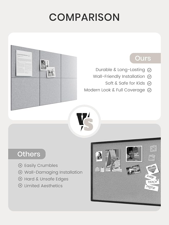 Bumusty 36"x 24" Large Felt Bulletin Board Tiles, Soft Gray | 6-Pack Cork Board Alternative, Wall Decor, 30 Pushpins, 30 Adhesive Tabs, Vision Board, Office, Classroom, Home, Dorm