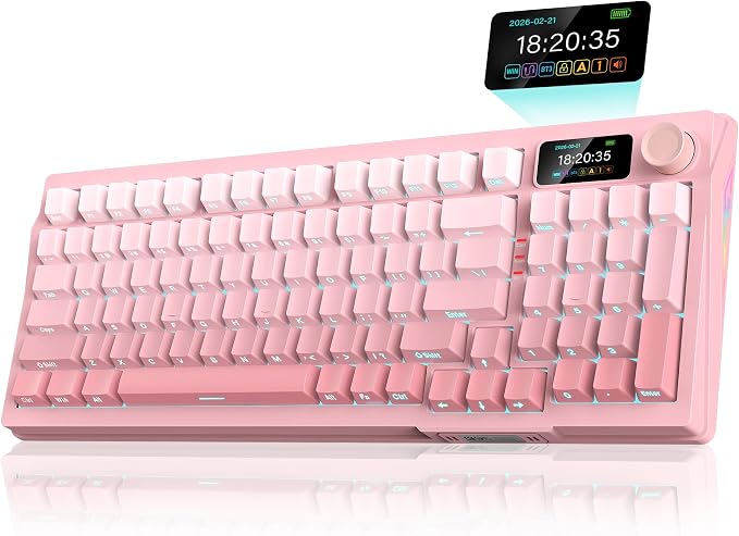 RedThunder K95 Wireless Mechanical Keyboard, TFT Screen & Knob, Triple-Mode, Custom Gasket Mount Hot-Swap, Pre-lubed Linear Pink Switches, RGB Backlit, Side-Printed PBT Keycaps, Gradient Sakura Pink