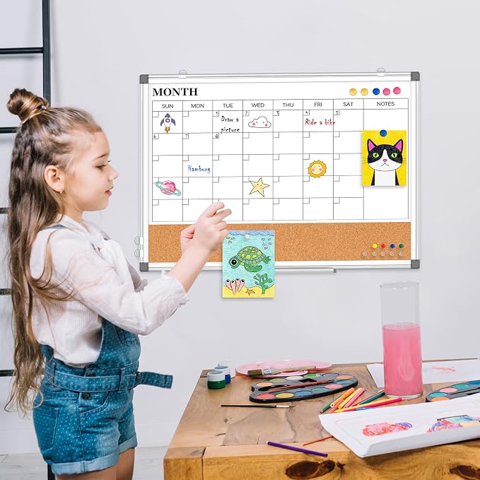 Dry Erase Calendar Whiteboard for Wall, 36" x 24" Monthly Cork White Board | Double-Sided Magnetic, Calendar Cork Whiteboard Combo, Aluminium Frame, Bulletin Portable Board, Home Office School