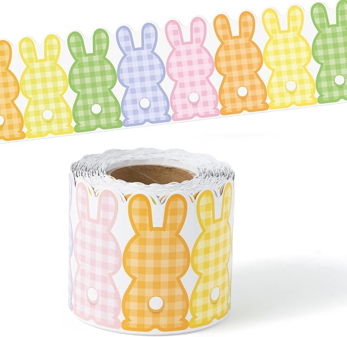 BeYumi Plaid Bunny Border Trim - 65ft Spring Bunny Plaid Rolled Border Trim Back to School Cute Colorful Rabbit Checkered Bulletin Board Set Classroom Home Door Party Church Chalkboard Wall Decoration