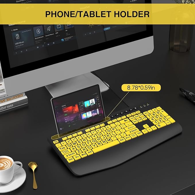SABLUTE Large Print Computer Keyboard, Wired with Wrist Rest(Yellow+Black) | USB High Contrast Phone Holder Oversized Print Letters Easy to Read for Visually Impaired Vision Individuals