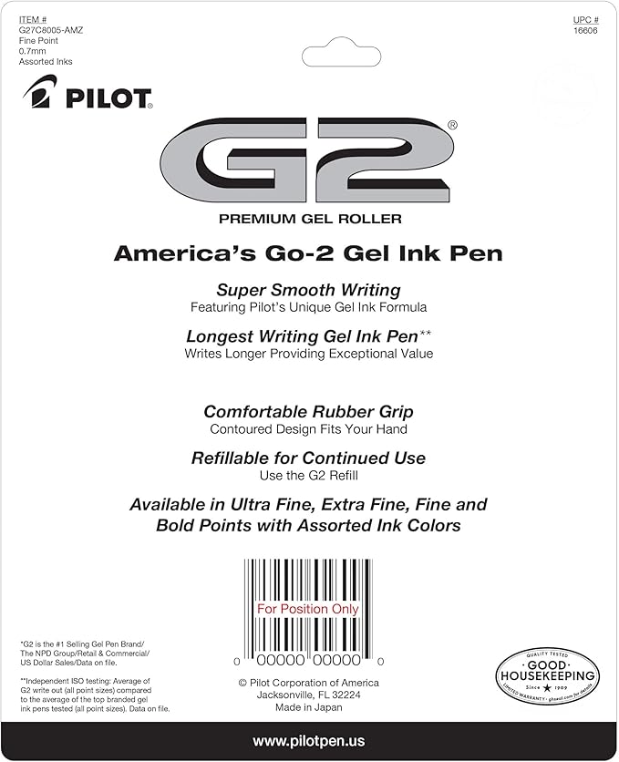 Pilot G2 Premium Refillable And Retractable Gel Ink Pens, Fine Point (0.7mm), 8 Colors, 8 Count (16606)