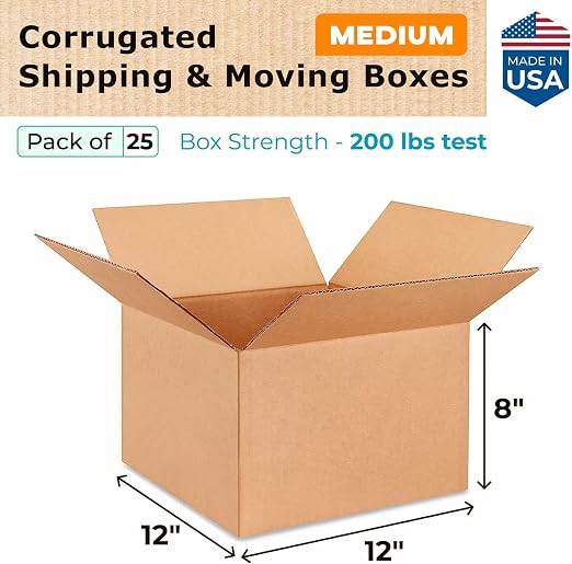 Medium Moving & Shipping Boxes 12"L x 12"W x 8"H (25-Pack) - Extra Strength 200 lb vs Regular - USA-Made Corrugated Packing Boxes for USPS/UPS/FEDEX - Strong Medium Cardboard Box by IDL Packaging | Extra Strength 200 lb vs Regular - Corrugated Packing ...