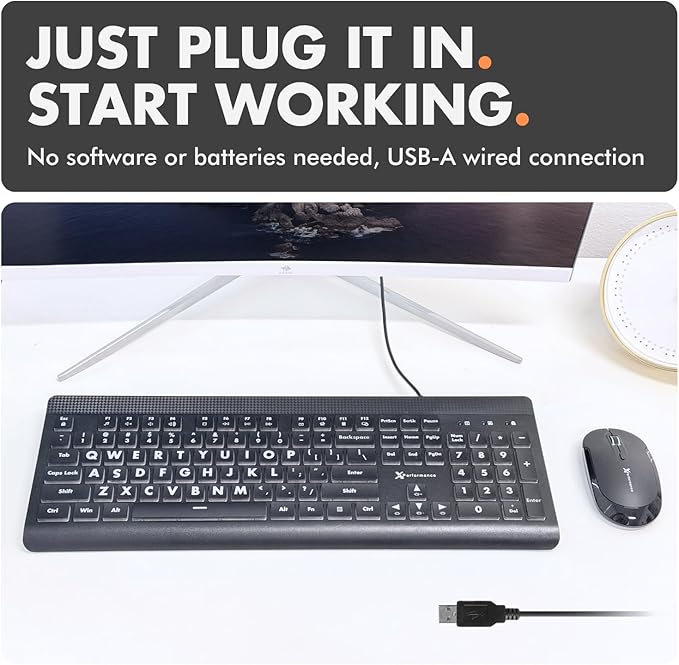 X9 Large Print Backlit Computer Keyboard - Easy to See Big Letters - Lighted USB Wired Keyboard with 7-Colors Backlight LED, Full Size Oversized Light Up Keyboard for Windows, PC, Laptop, Desktop