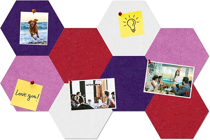 Large Hexagon Felt Cork Board Tiles, Self Adhesive DIY Felt Bulletin Board Pin Board with 35 Pushpins for Office School Home Wall Decor(Purple+Light Purple+Deep Red)