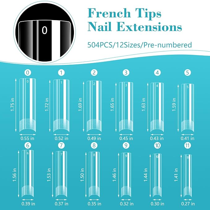 LIONVISON XL Square Nail Tips: 504PCS NO C Curve Clear Nail Tips | Long Straight Flat Pre-Shaped False Nails - Half Cover Naild Tip for Acrylic Nails French Extensions for Home DIY 12 Sizes