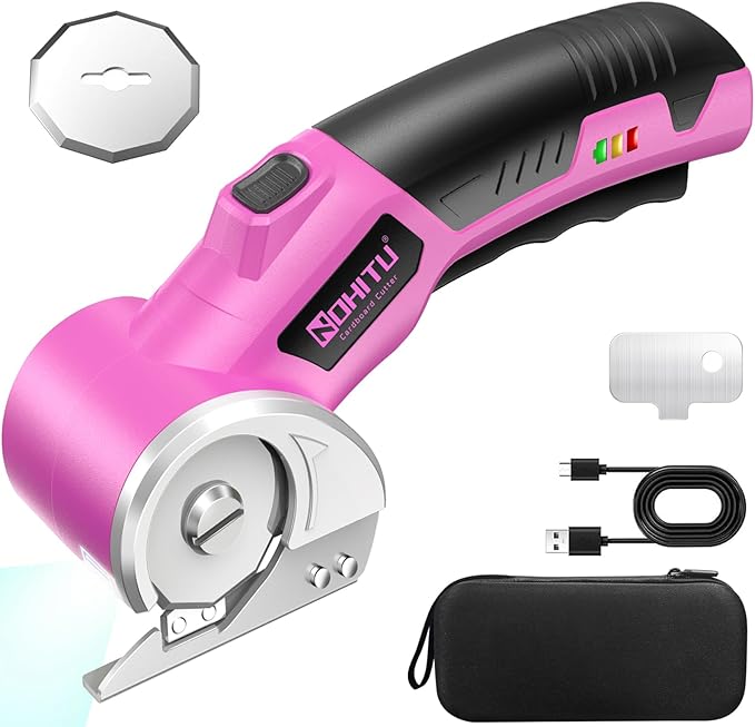 Cardboard Cutter: 4V Rechargeable Rotary Electric Box Cutter, 3000mAh Battery, with LED Light & Safety Lock, 2 Blades, Cordless Electric Scissorsfor Fabric Carpet Carton Plastic Leather Cloth (Pink)