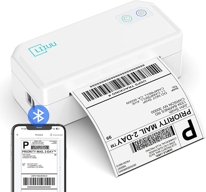 Thermal Shipping Label Printer, 4x6 Bluetooth Label Printer for Shipping Packages Small Business, Support iOS, Android, Mac, Windows, Chrome, Used for UPS, USPS, Ebay, Etsy, Amazon,White