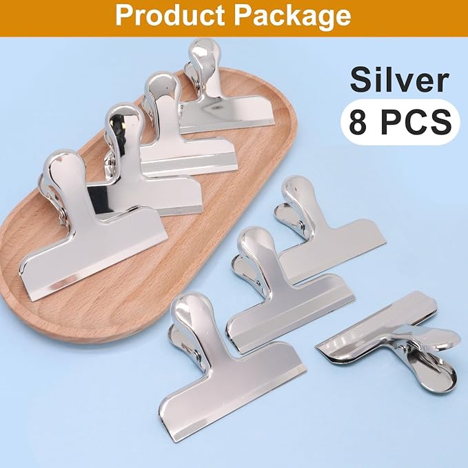 8Pcs Silver Chip Clips 3 Inch Wide Stainless Steel Notebook T Clip Heavy-Duty Food Bag Clips Metal Hinge Clip File Clamps for Home Kitchen & Office