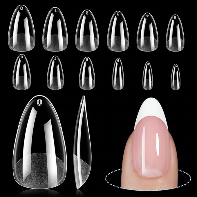 TOMICCA Medium Almond Nail Tips, 192Pcs 12 Sizes Acrylic Pre Buffed Medium Almond False Gel Tips, Full Cover Half Matte Nails for Nail Art Extension Press on Nails