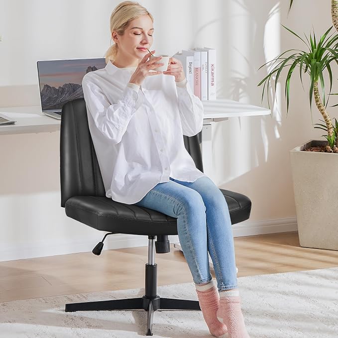 OLIXIS Criss Cross Chair, Vanity Chair, Home Office Desk | Armless No Wheels Wide Seat, Height Adjustable Swivel, Padded PU Leather, Bedroom Student Study, Black Dual Base