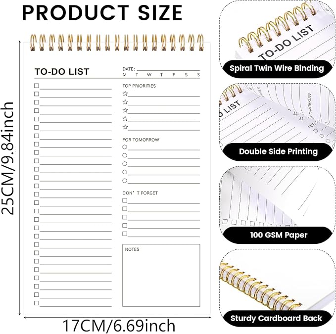 To Do List Notepad, Undated Daily Planner, 120 Pages Notebook, 6.7 x 9.8 | 100 GSM FSC Paper, Plastic Cover, Spiral Bound, Tear-Off Pages, Task Checklist Layout for Home, Work, Office School Supplies
