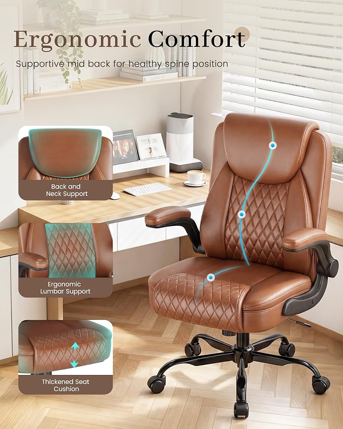 COMHOMA Mid-Back Office Chair, Ergonomic PU Desk Chair with Flip up Arms, Small Computer Gaming with Comfy Lumbar Support,Rocking Function,Sturdy Metal Base, Brown