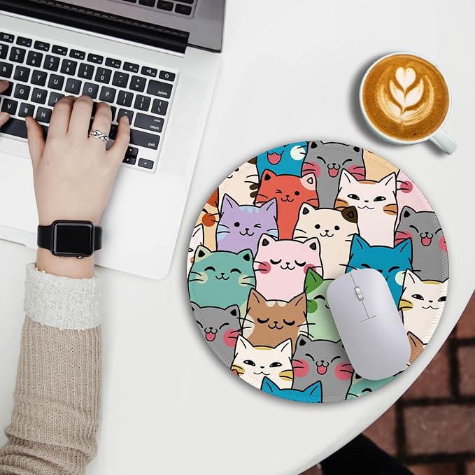 Immaturus Cat Mouse Pad, Cute Small Mousepad for Desk Gaming Work Office | 8.6" x 8.6", Travel, Home Decor Desk Accessories, Round, Non-Slip Base, for Wireless Mouse Laptop Computer, Girls Cat Lover