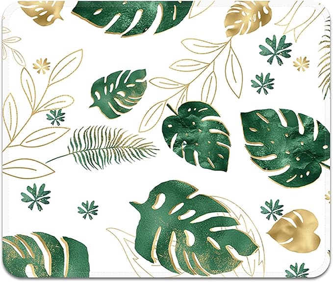 Mouse Pad with Stitched Edges - Tropical Leaf Mousepad for Women, 9.25 x 7.75 inch Washable Square Desk Pad, Non-Slip Rubber Base, Office Home Laptop Accessories - Golden Monstera
