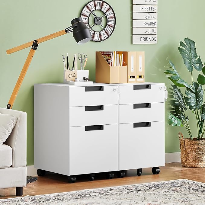 3 Drawer Mobile File Cabinet with Lock,Under Desk Metal Small Filing Cabinets for Home Office Organizer Letters/Legal/A4(Fully Assembled Except Wheels-White)