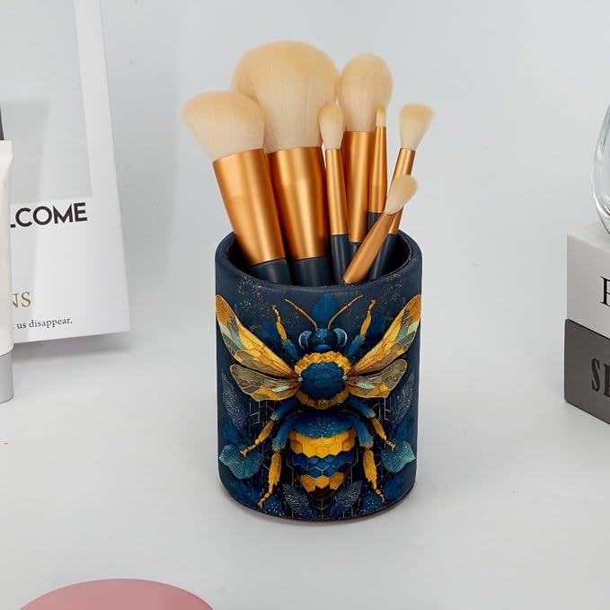 Leather Pen Holder for Desk, Bee Pencil Cup Pen Organizer Makeup Brush Holder for Office Home Kids Countertop Desk Accessory Storage