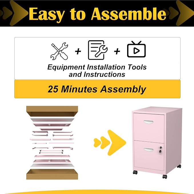 SteeLoong 2 Drawer File Cabinet,Metal Mobile File Cabinet with Lock Pink | Filing Cabinet with Wheel,Vertical File Cabinet for Home Office,Under Desk Rolling File Cabinets for Hanging Letter/A4