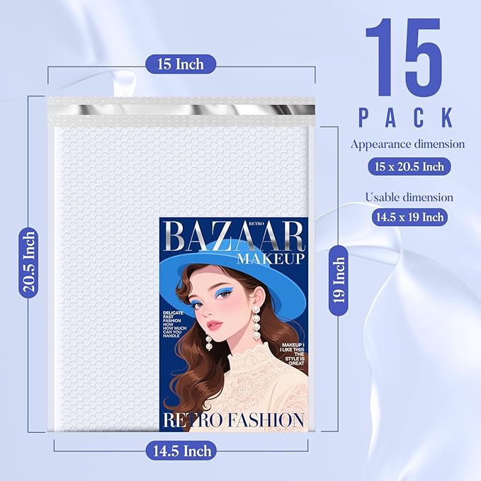 Fuxury Bubble Mailers 14.5x20" 15 Pack White Extra Large Padded Envelopes Usable Size 14.5x19" Self Seal Bubble Envelopes Padded Mailers Shipping Bags for Mailing book Clothes Small Business #7