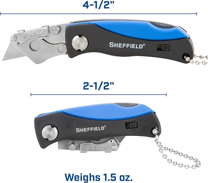 Sheffield 12125 Mini Box Cutter & 5 Blade Storage Compartment and Key Chain | Sheffield Utility Knife, Mini Utility Knife with Aluminum Handle for Home, Office, Trades, and Warehouse