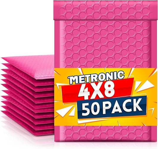 Metronic Hot Pink Bubble Mailers 4x8 Inch 50 Pack Waterproof Padded Envelopes Usable Size 4x7 Self Seal Adhesive Bubble Envelopes Padded Mailers for Small Business Mailing Envelopes for Jewelry, Card