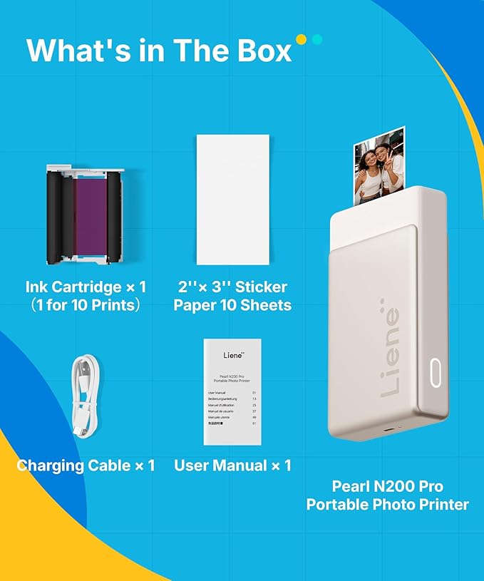 Liene Pearl N200 Pro Portable AI Photo Printer, Instant Mini Picture Printer for iPhone Smartphone, Thermal Dye Sublimation, Bluetooth Sticker Maker 10 Sheets 2x3 Adhesive Paper & 1 Cartridge, Gold