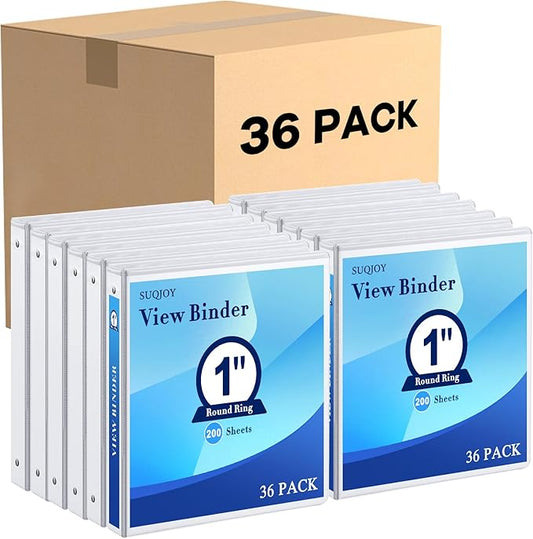 Durable 3 Ring Binders 1 Inch 36 Pack Bulk, Clear View Binders Bulk Three Ring Binders PVC Free, Fit for 8.5x11 inches for School or Office Supplie(White