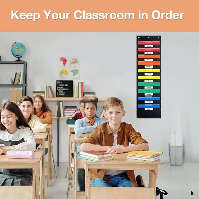 Opret 10 Pockets Storage Pocket Chart with 10 Nametag Pockets, Hanging Wall File Organizer for File Folders with 3 Hangers for Classroom, Office, School Mailbox Organizer and Home (Black)