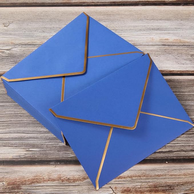 100 Pack A7 Envelopes 5x7 Blue Gold Border 5.32x7.28 Inches | With Gold Stickers, For Wedding Gift Cards, Invitations, Graduation, Baby Shower