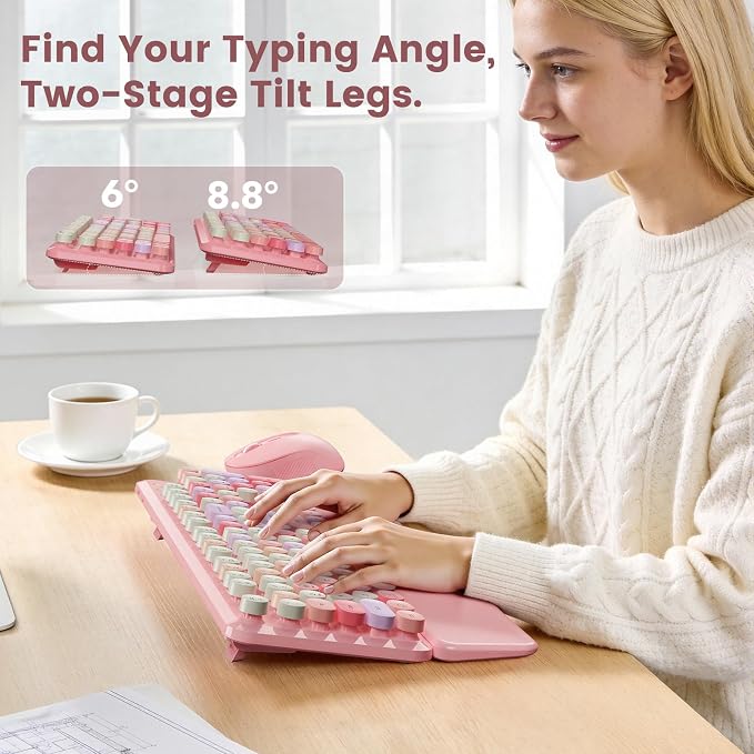 Wireless Keyboard and Mouse Combo with Magnetic Wrist Rest, Round Keycaps, Full-Size Retro Typewriter-Style Keyboard, Two-Stage Tilt Legs, Auto-Sleep, 2.4GHz for Windows PC Laptop, Pink Colorful