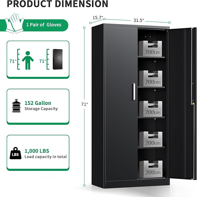 Metal Storage Cabinet with Locking Doors, 71" Tall Steel Locker Organizer with Adjustable Shelves, Garage Utility Cabinet for Home, Office, Shop, and School