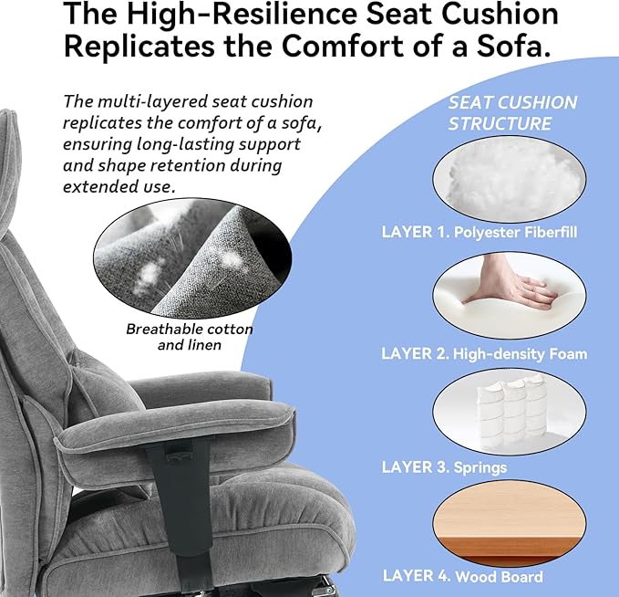 Efomao Big and Tall Fabric Executive Office Chair,Grey | 400lbs support, 135° recline, dual-layer foam cushion, 23.5" seat & footrest