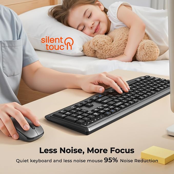 MEETION Wireless Keyboard Mouse Combo, Silent Full-Size Design, Black | Quiet keyboard with wireless optical mouse, adjustable DPI control, ideal for work, home use and multiple computer setups