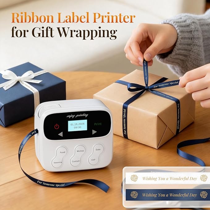 Phomemo Ribbon Label Printer, Kitchen Magnetic Label Maker Machine with Tapes F12 Handheld Rechargeable Backlit-LCD Screen Labeler One-Click Print Date for Home Food School Gift Wrapping Fridge White
