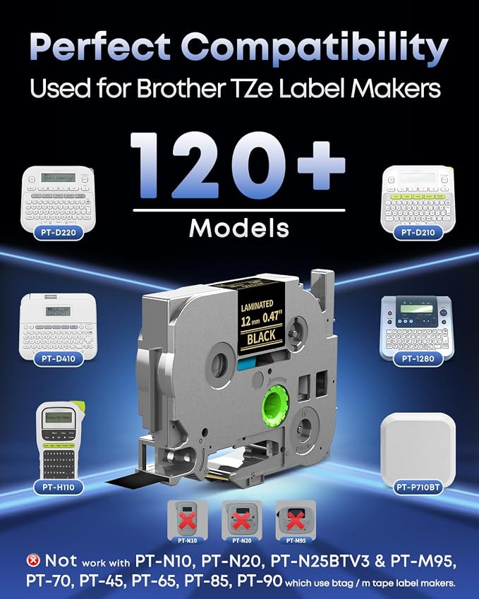 Replace for Brother P Touch Label Tape Gold on Black TZe-334 TZ Tape 12mm | TZe334 Laminated 0.47" for Brother Ptouch PT-D220 D210 H110 H103W D410 1280 D610BT Label Maker Refills, 1/2" x 26.2' , 5-Pack