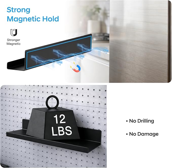 2 Pack 17" Metal Magnetic Bookshelf for Whiteboard, Strong Reusable Magnetic Display Shelf, Holds up to 12 lbs, Storage Organizer for Classroom, Kids Room, Office, Kitchen & Garage