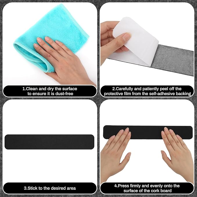 8 Pack Felt Bulletin Board Strips, 13x2 Inch Pin Board, Cork Boards | Self Adhesive, Includes 50 Pushpins and 10 Wooden Clips Push Pins, for Walls Home School Office Decor (Black White Gray)